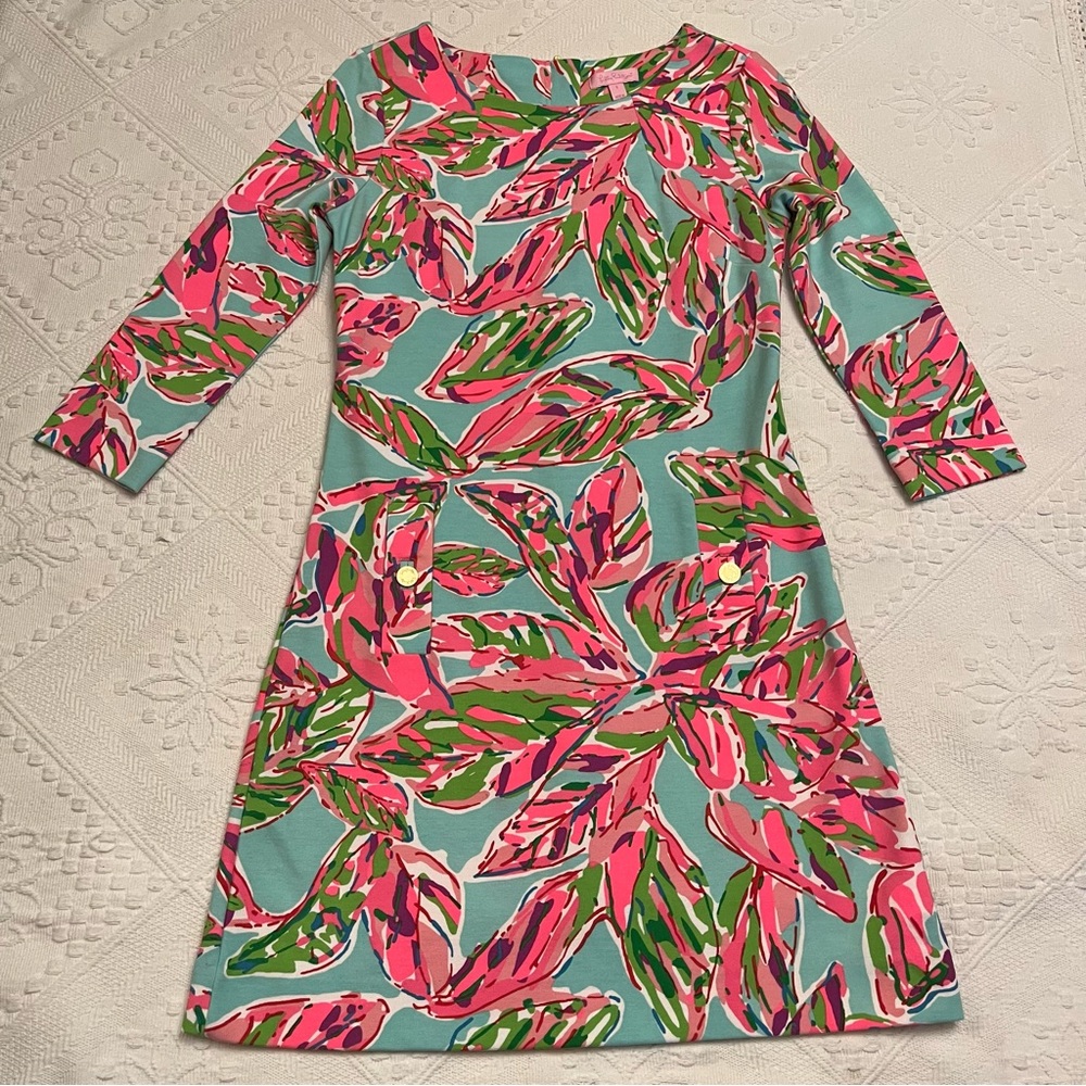 Lilly Pulitzer Shift Dress Bold Tropical Gold Buttons Accents Charlene Women’s S